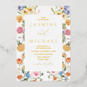 庭エレガント花野花結婚金ゴールド 箔招待状 (正面)