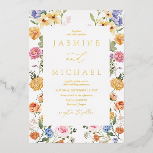 庭エレガント花野花結婚金ゴールド 箔招待状 (正面)