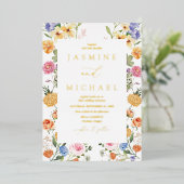 庭エレガント花野花結婚金ゴールド 箔招待状 (立ち正面)