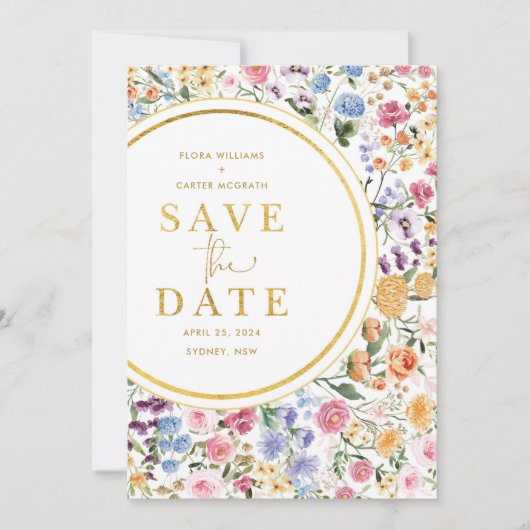 庭カラフル花の結婚式の日付を保存 案内状 (正面)