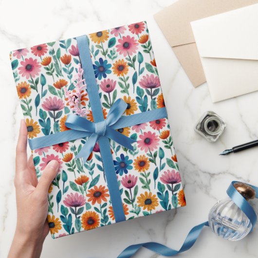 庭ガーリーカラフルフローラ水彩パターン ラッピングペーパー (ギフト)