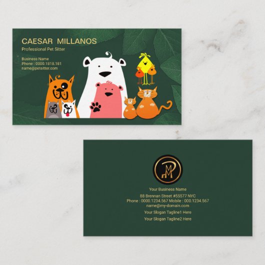 庭ペット付き添いで遊んでいるかわいい動物 名刺 (正面/裏面)