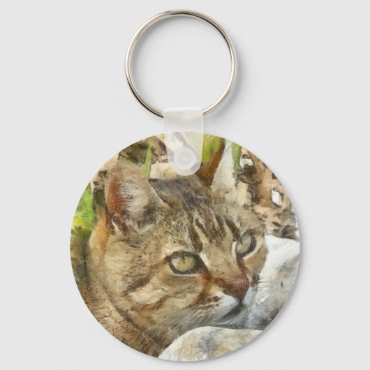 庭リラックスの鉛筆スケッチで休むタビー猫 キーホルダー (正面)