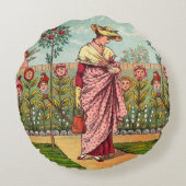 庭園で花を育てる女性のアート・アンティーク ラウンドクッション (裏面)