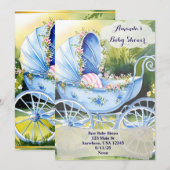 庭園に咲く花々が誘うヴィンテージ ブルーのベビーカーのご案内 招待状 (正面/裏面)