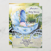 庭園に咲く花々が誘うヴィンテージ ブルーのベビーカー 招待状 (正面/裏面)