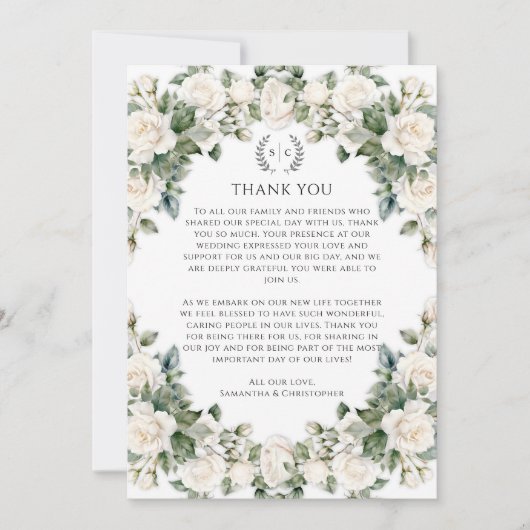 庭園の結婚式の緑とバラありがとう サンキューカード (正面)