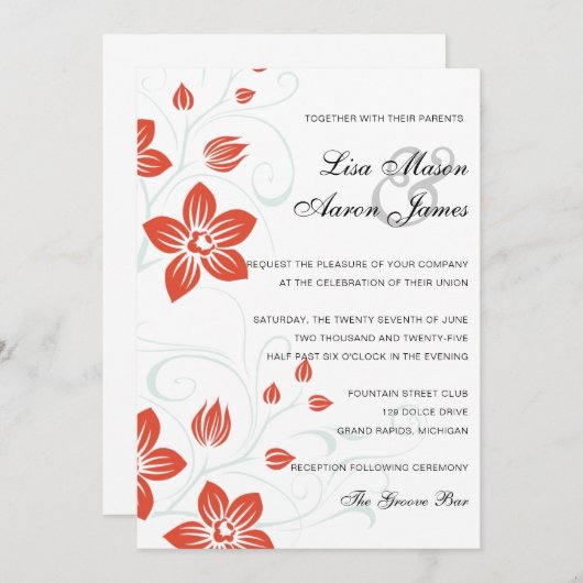 庭園の結婚式オレンジとブルーのフローラ結婚ズ 招待状 (正面/裏面)