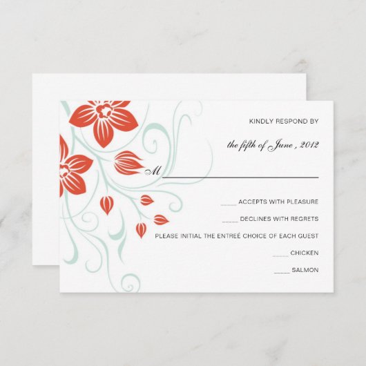 庭園の結婚式オレンジとブルーフローラウェディングRSVP 出欠カード (正面/裏面)
