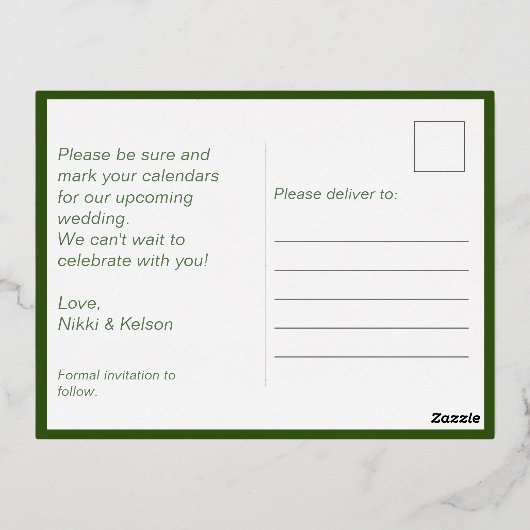 庭園の結婚式日付フォイルのポストカードを保存 箔シーズンポストカード (裏面)