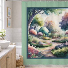 庭園の風景を水彩で描いた絵画 シャワーカーテン