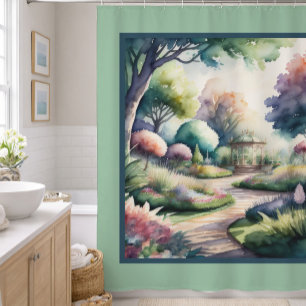 庭園の風景を水彩で描いた絵画 シャワーカーテン