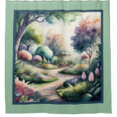 庭園の風景を水彩で描いた絵画 シャワーカーテン (正面)