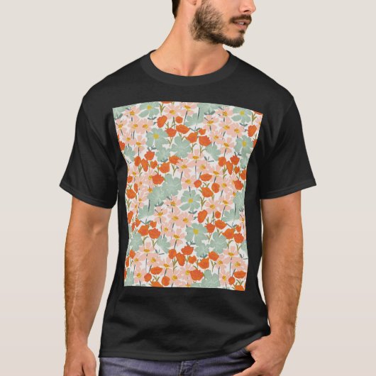 庭園花:ピンク、オレンジのシームレス Tシャツ (正面)
