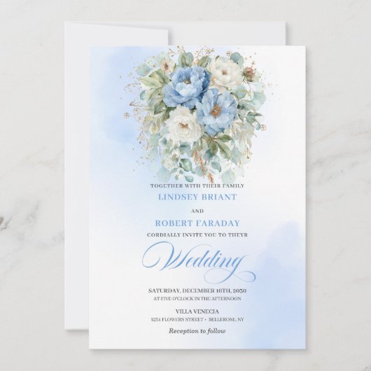 庭園 ボヘミアンスタイル パステルブルー 白 ピオニー ウェディング 招待状 (正面)