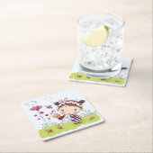 庭場面のてんとう虫を持つかわいい漫画の女の子 スクエアペーパーコースター (インサイチュ)