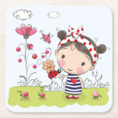 庭場面のてんとう虫を持つかわいい漫画の女の子 スクエアペーパーコースター (正面)