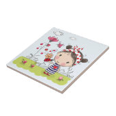 庭場面のてんとう虫を持つかわいい漫画の女の子 タイル (側面)