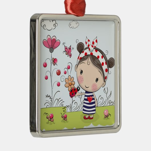 庭場面のてんとう虫を持つかわいい漫画の女の子 メタルオーナメント (右)
