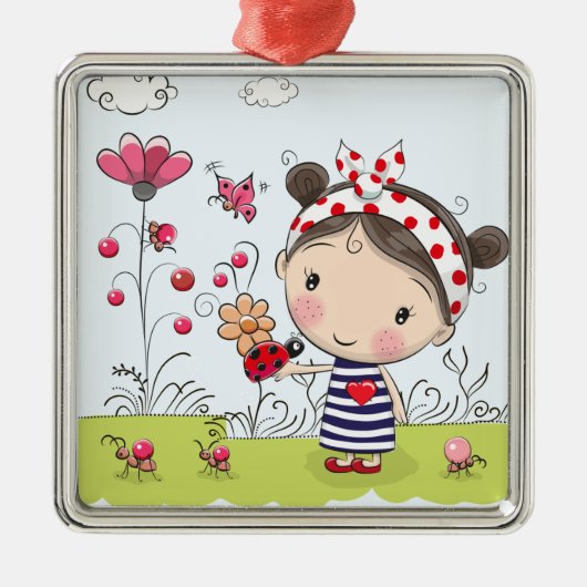 庭場面のてんとう虫を持つかわいい漫画の女の子 メタルオーナメント (正面)