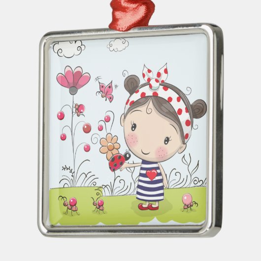 庭場面のてんとう虫を持つかわいい漫画の女の子 メタルオーナメント (左)