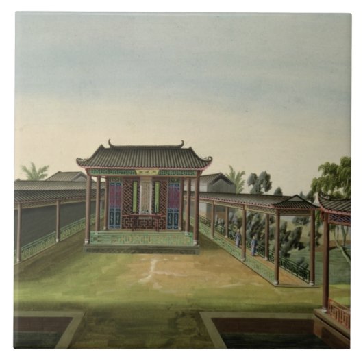 庭場面、c.1820-40 (w/c紙で) 2 タイル (正面)