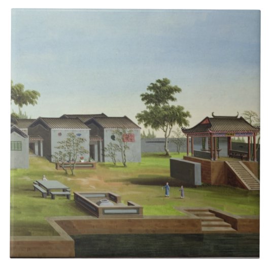 庭場面、c.1820-40 (w/c紙で) 3 タイル (正面)