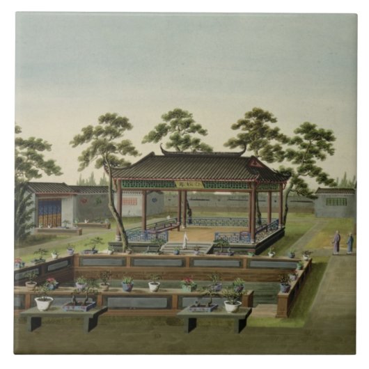 庭場面、c.1820-40 (w/c紙で) 4 タイル (正面)