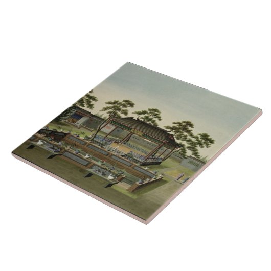 庭場面、c.1820-40 (w/c紙で) 4 タイル (側面)