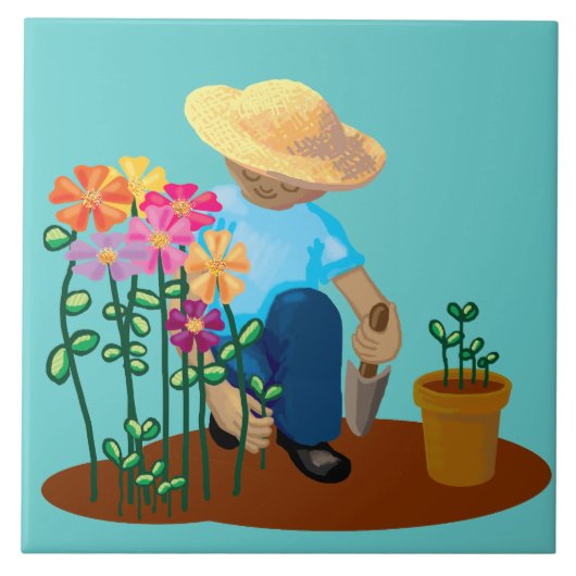 庭師と花 タイル (正面)