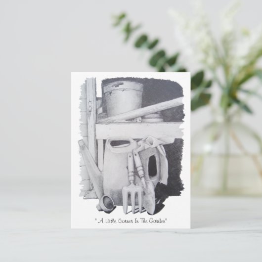 庭師用の園芸用具の静物スケッチ ポストカード (スタンド正面)