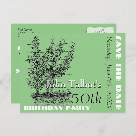 庭師50歳の誕生日パーティー日付を保存 案内ポストカード (正面/裏面)