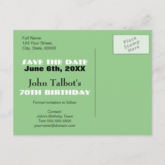 庭師70歳の誕生日パーティー日付を保存 案内ポストカード (裏面)