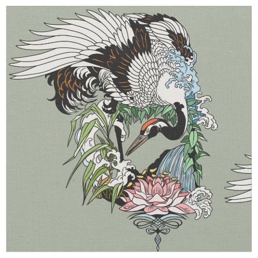 庭日本ので鶴を打つ ファブリック (クローズアップ)