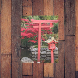 庭日本のの構造と赤いカエデ葉の メタルプリント