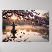 庭日本の池とさくらんぼ花 ポスター (正面)