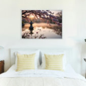 庭日本の池とさくらんぼ花 ポスター