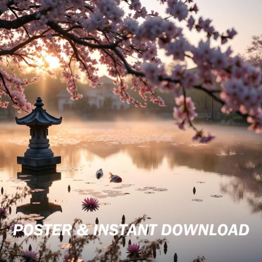 庭日本の池とさくらんぼ花 ポスター