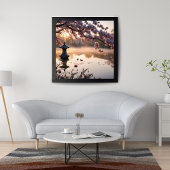 庭日本の池とさくらんぼ花 ポスター