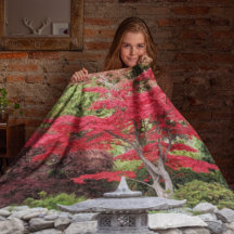 庭日本の池ランタンと赤い葉写真