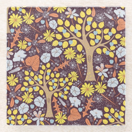 庭木、フローラ、林檎の模様 ガラスコースター (正面)