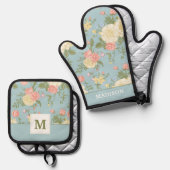 庭牡丹花の模様 鍋つかみ&鍋敷きセット (正面/裏面)