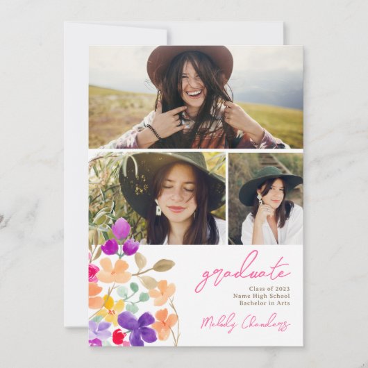 庭色彩の鮮やか野花3枚の写真卒業 案内状 (正面)