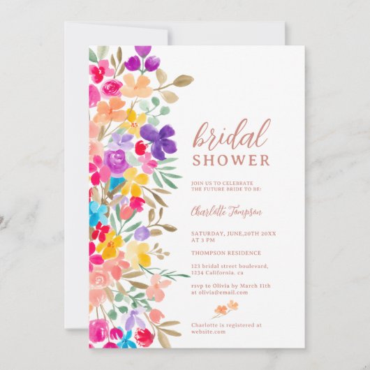庭色彩の鮮やか野草牧草地ブライダルシャワー 招待状 (正面)