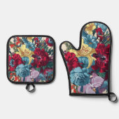 庭鮮やか開花カラフルヴィンテージ花 鍋つかみ&鍋敷きセット (正面)