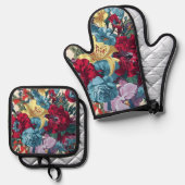 庭鮮やか開花カラフルヴィンテージ花 鍋つかみ&鍋敷きセット (正面/裏面)