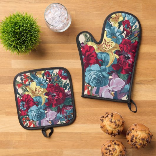 庭鮮やか開花カラフルヴィンテージ花 鍋つかみ&鍋敷きセット (トップダウン)