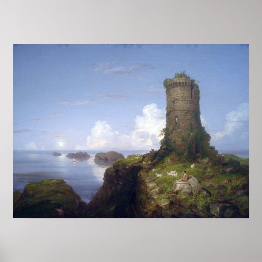 廃墟となった塔のある海岸の風景 ポスター (正面)