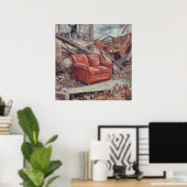 廃墟に佇む赤いソファ - 予期せぬ美しさのアート ポスター (ホームオフィス)