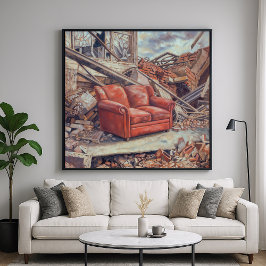 廃墟に佇む赤いソファ - 予期せぬ美しさのアート ポスター